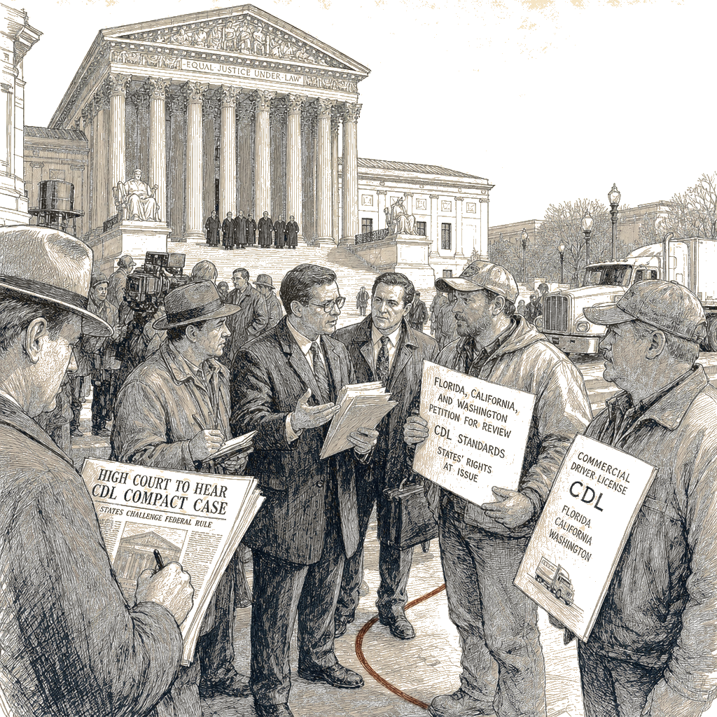 Illustration accompanying article: Supreme Court rejects Florida lawsuit over CDLs for immigrants