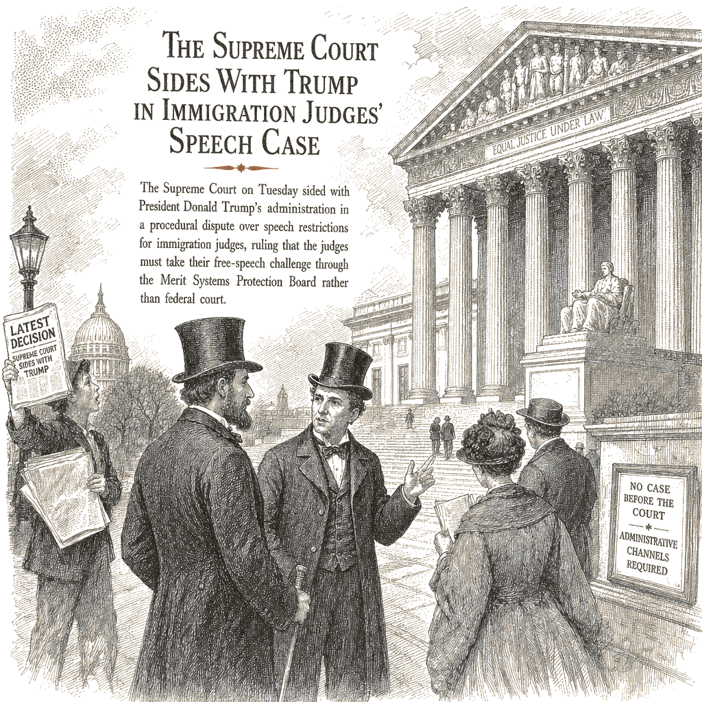 Illustration accompanying article: Supreme Court sides with Trump in immigration judges' speech case