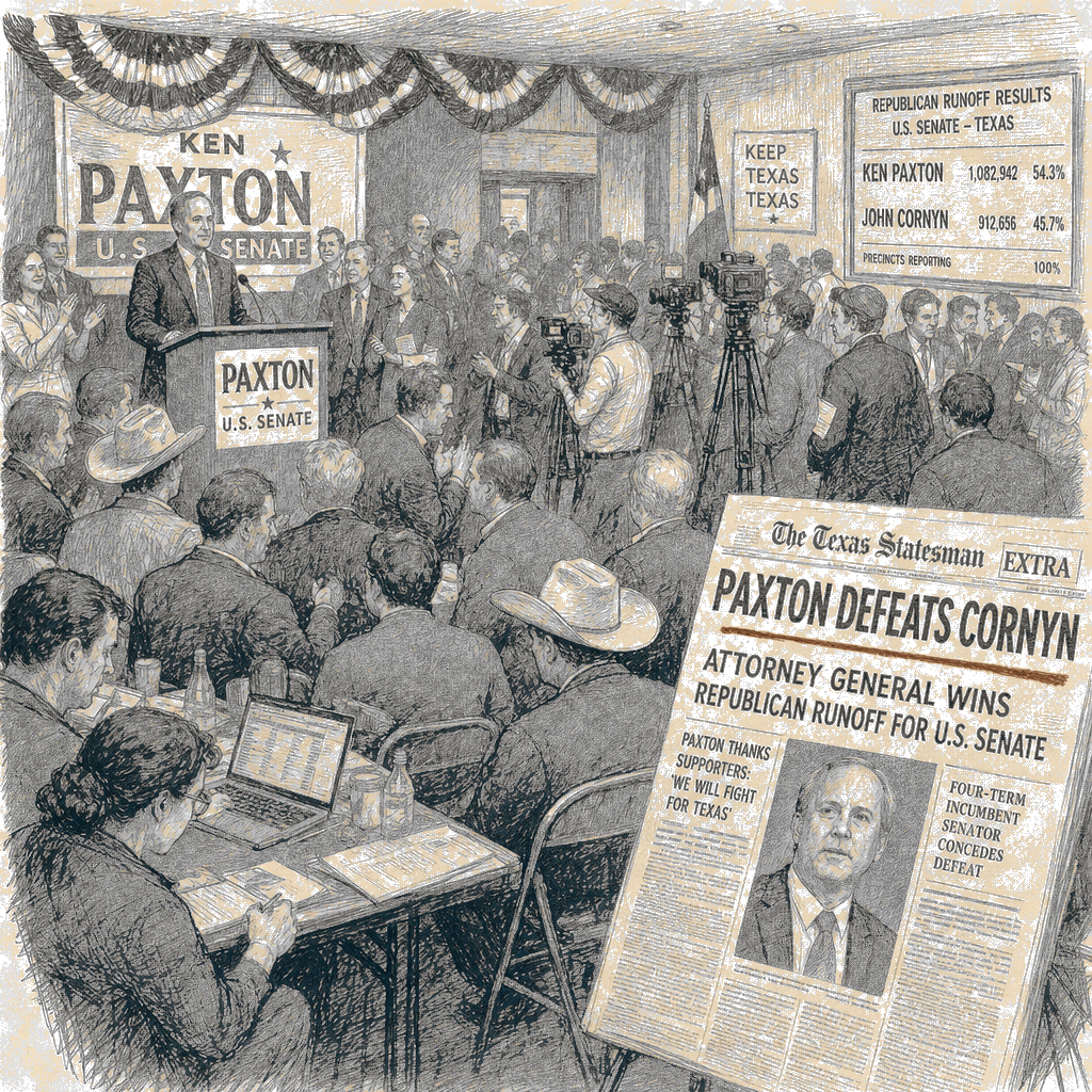 Illustration accompanying article: Texas Attorney General Ken Paxton ousts Sen. John Cornyn in GOP runoff