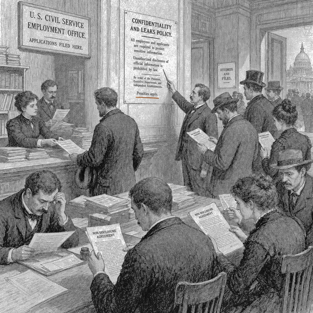Illustration accompanying article: Trump administration proposes NDAs for current and future federal employees