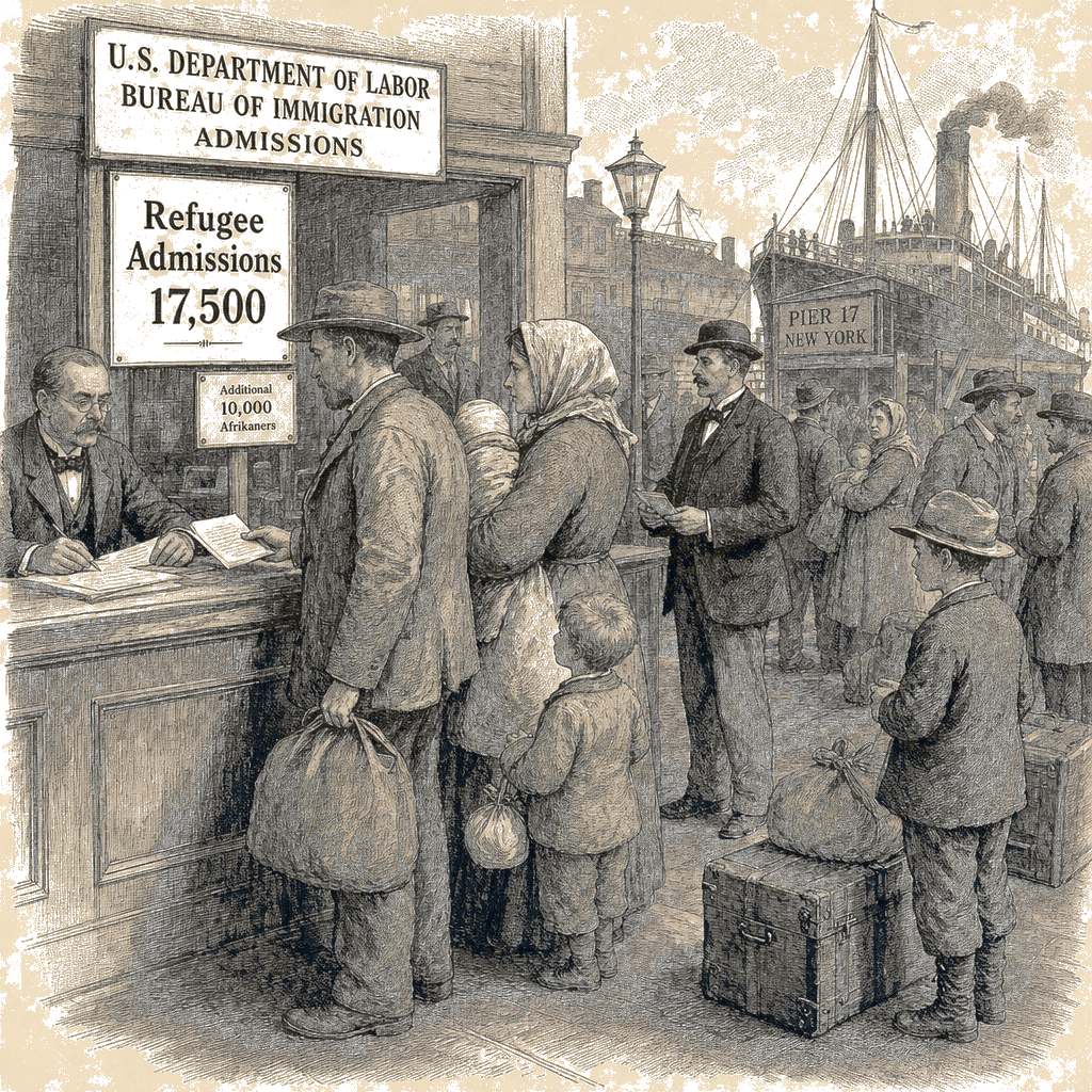 Illustration accompanying article: Trump raises US refugee cap for white South Africans only