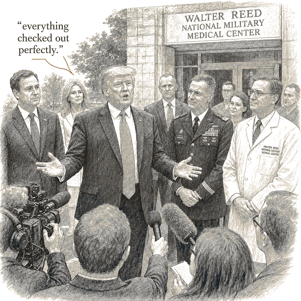 Illustration accompanying article: Trump says 'everything checked out perfectly' after Walter Reed exam