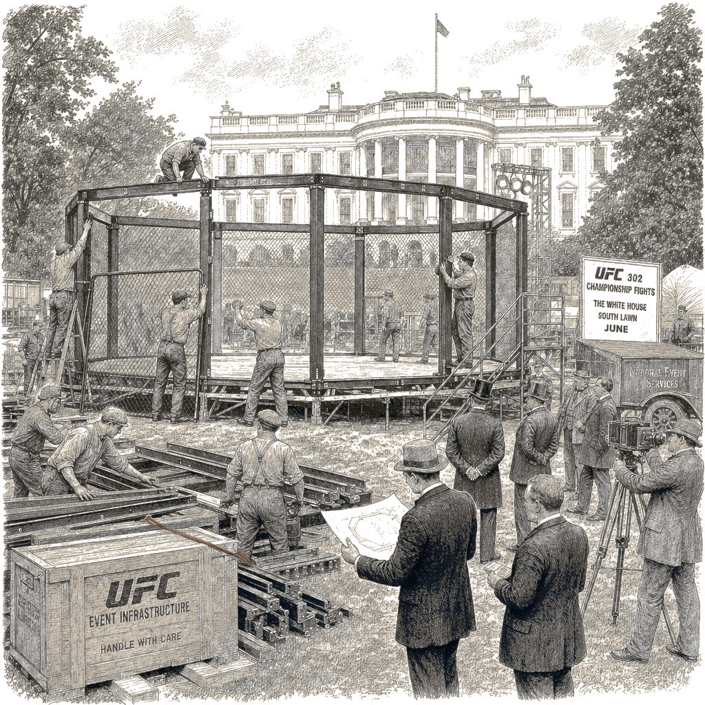 Illustration accompanying article: UFC octagon rises on White House lawn for June championship fights