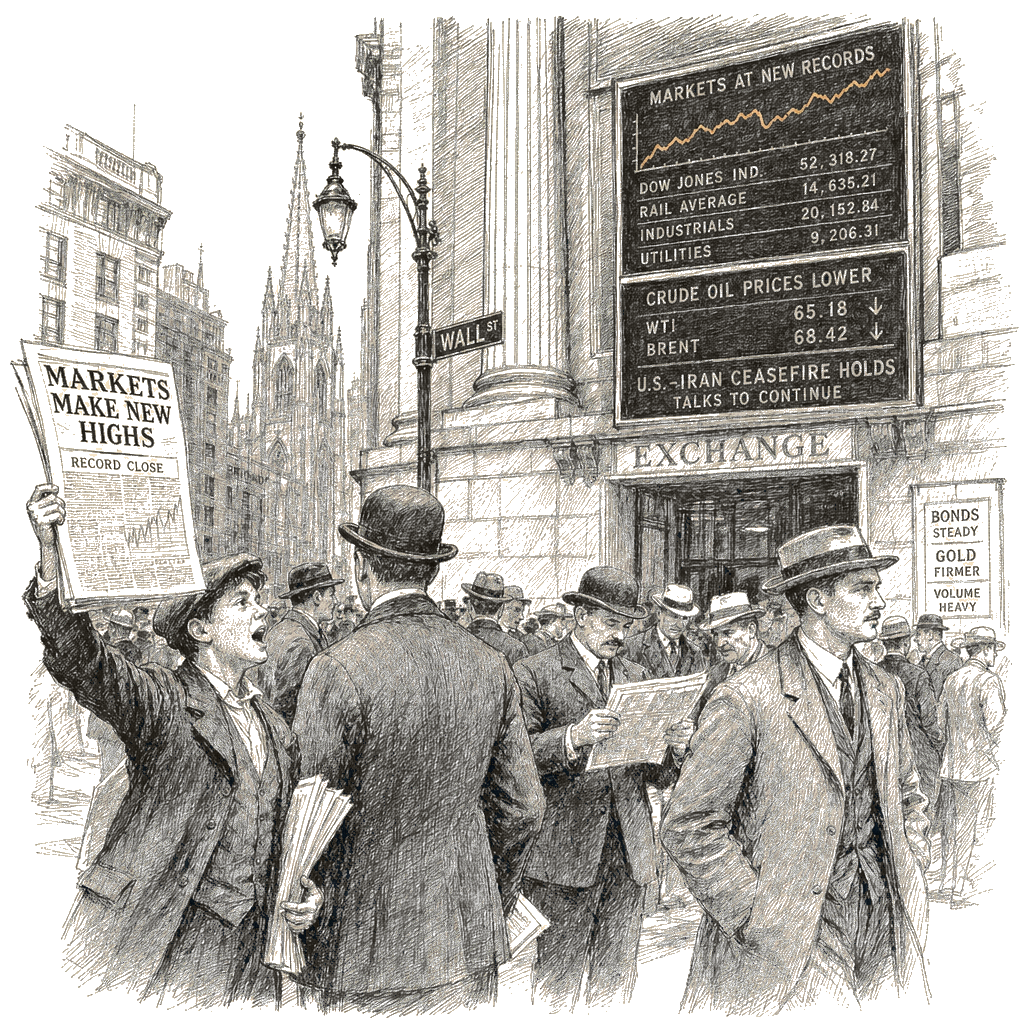 Illustration accompanying article: Wall Street sets more records as oil prices fall on US-Iran ceasefire hold