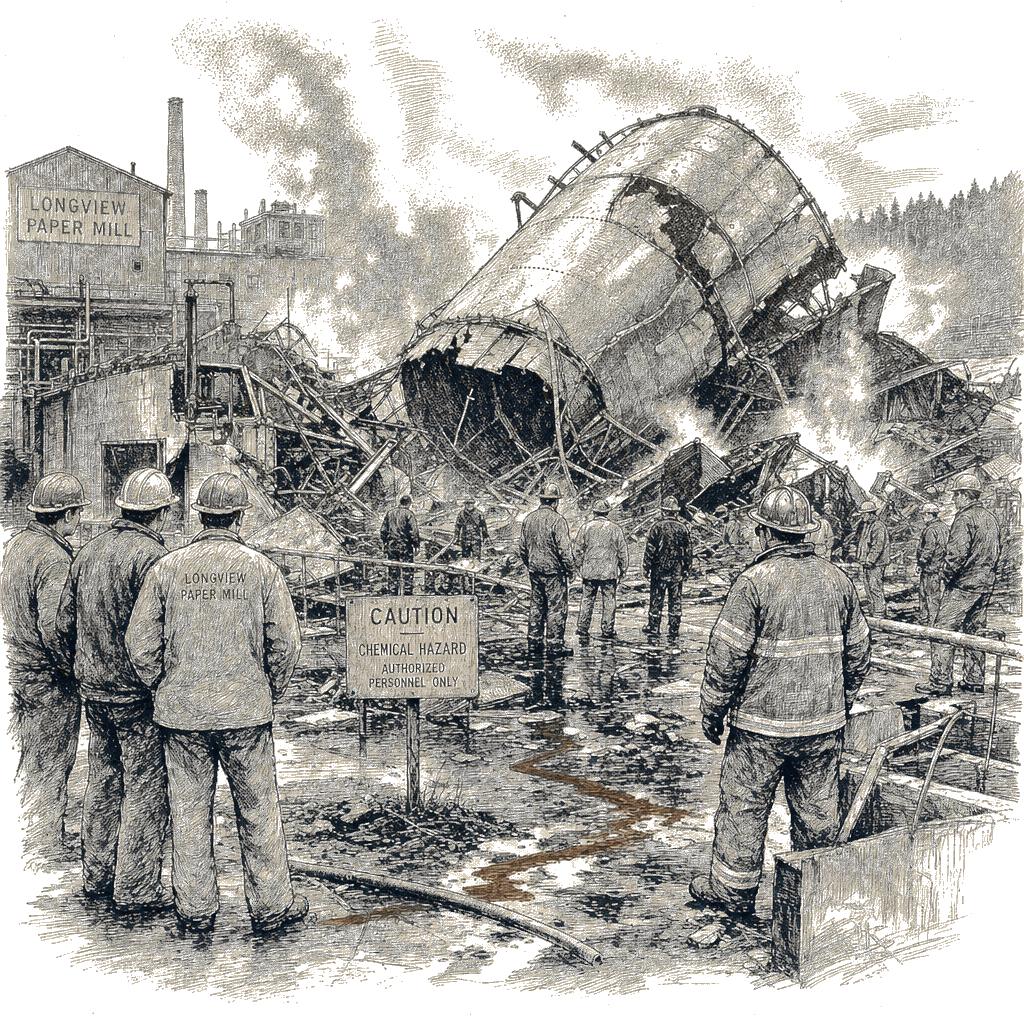 Illustration accompanying article: Washington paper mill chemical tank implosion kills 1, leaves 9 missing