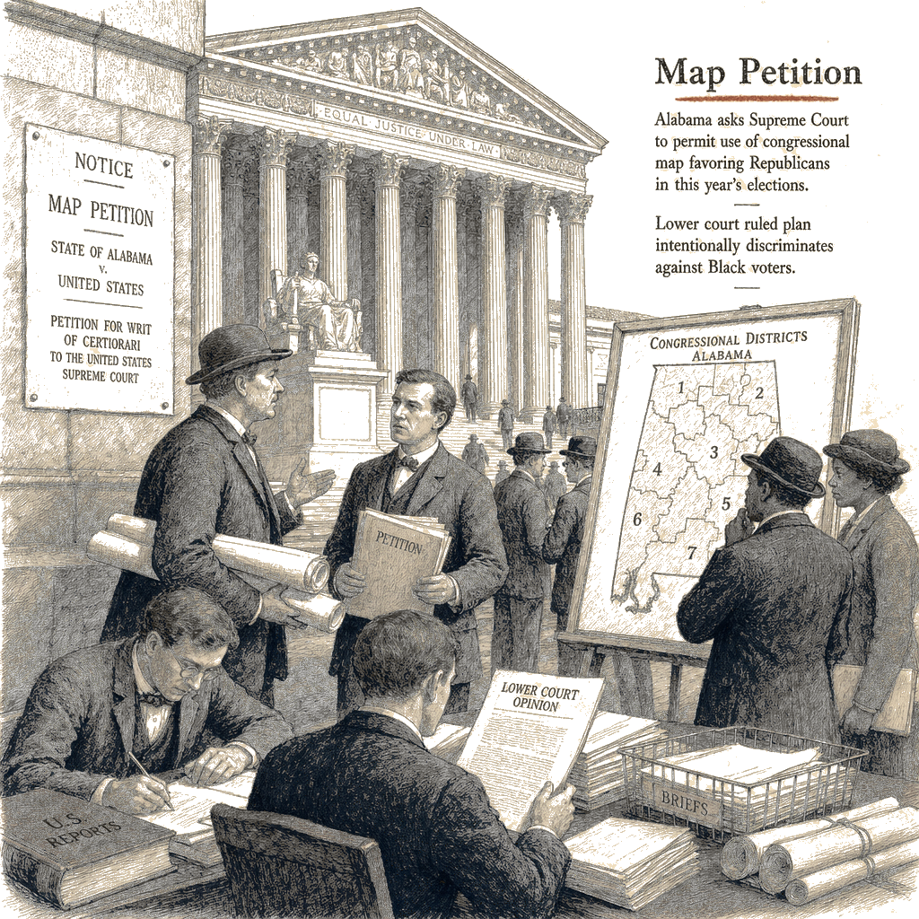 Illustration accompanying article: Alabama asks Supreme Court to allow use of congressional map helping GOP
