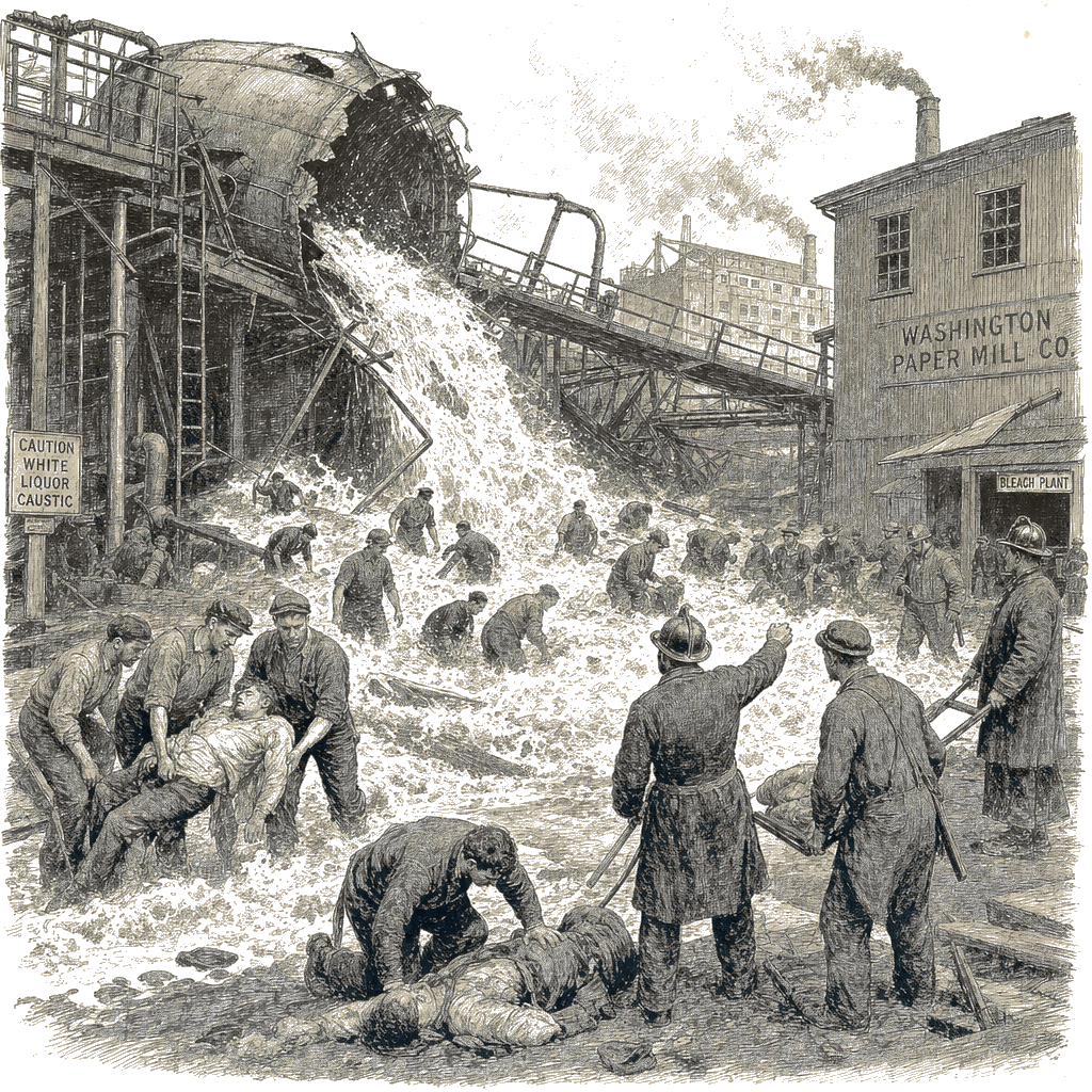 Illustration accompanying article: Chemical tank rupture kills 11 at Washington paper mill