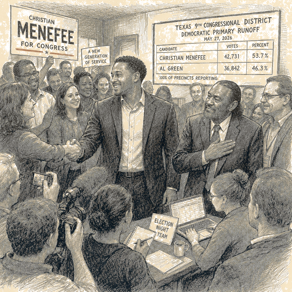 Illustration accompanying article: Christian Menefee defeats Al Green in Texas Democratic runoff