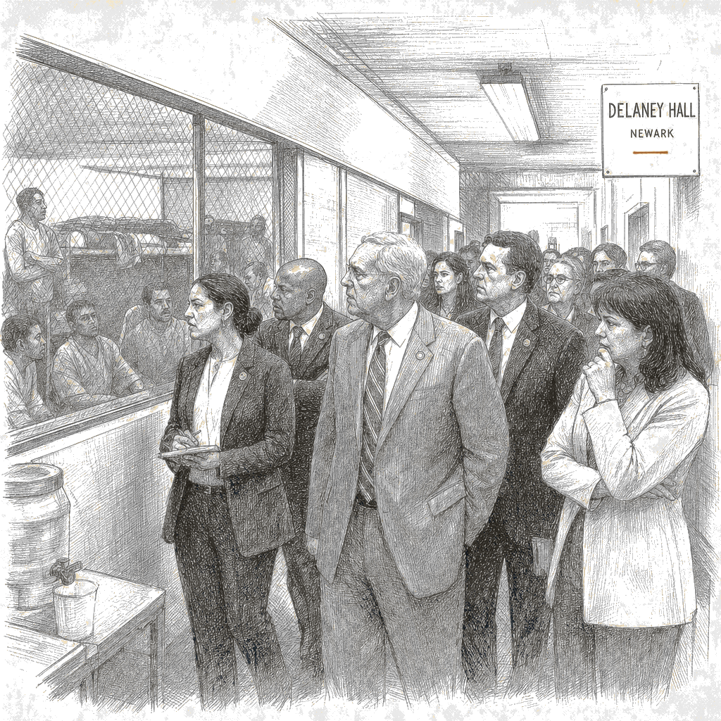 Illustration accompanying article: Democratic lawmakers visit Newark detention center, allege hunger strike and poor…