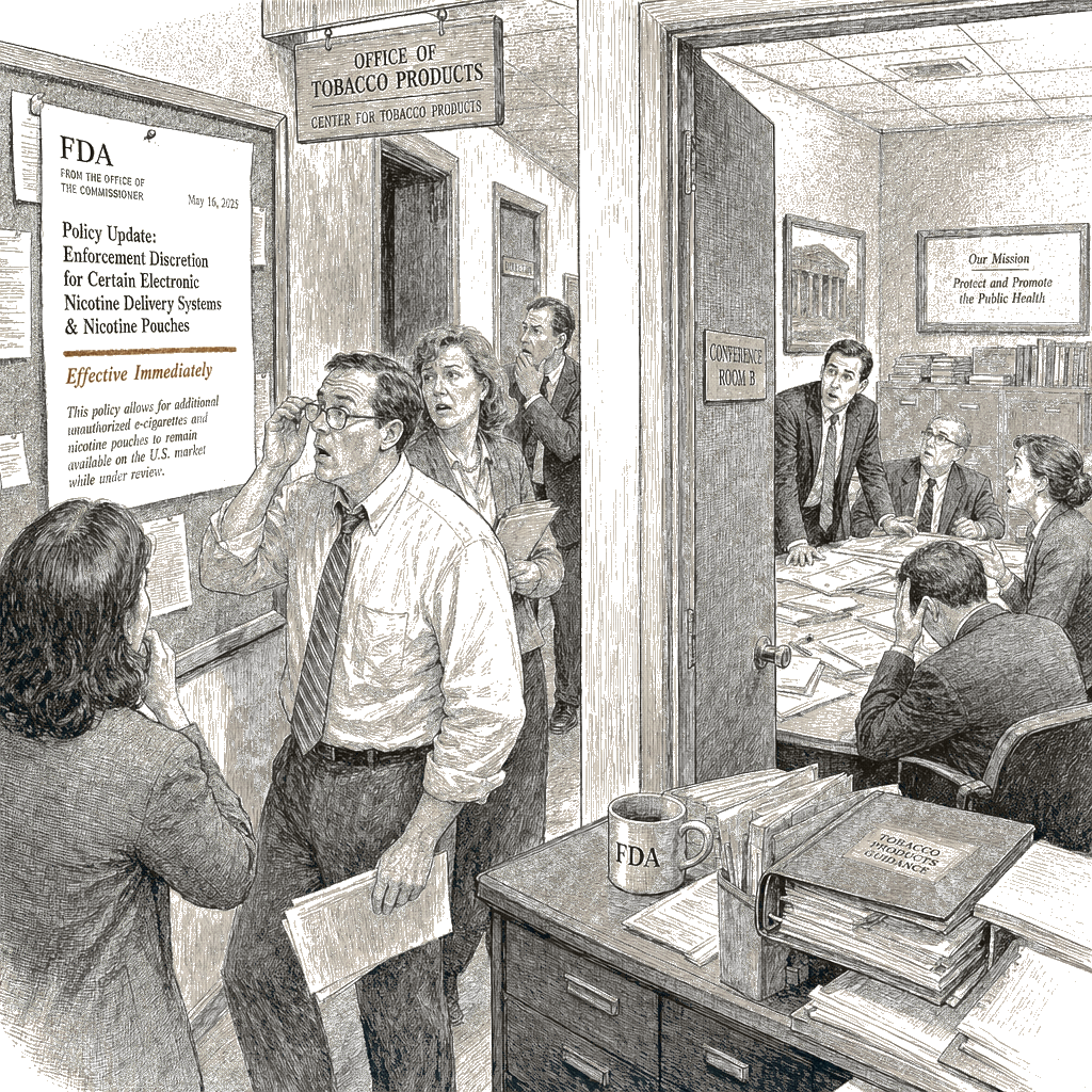 Illustration accompanying article: FDA staffers blindsided by new vaping policy