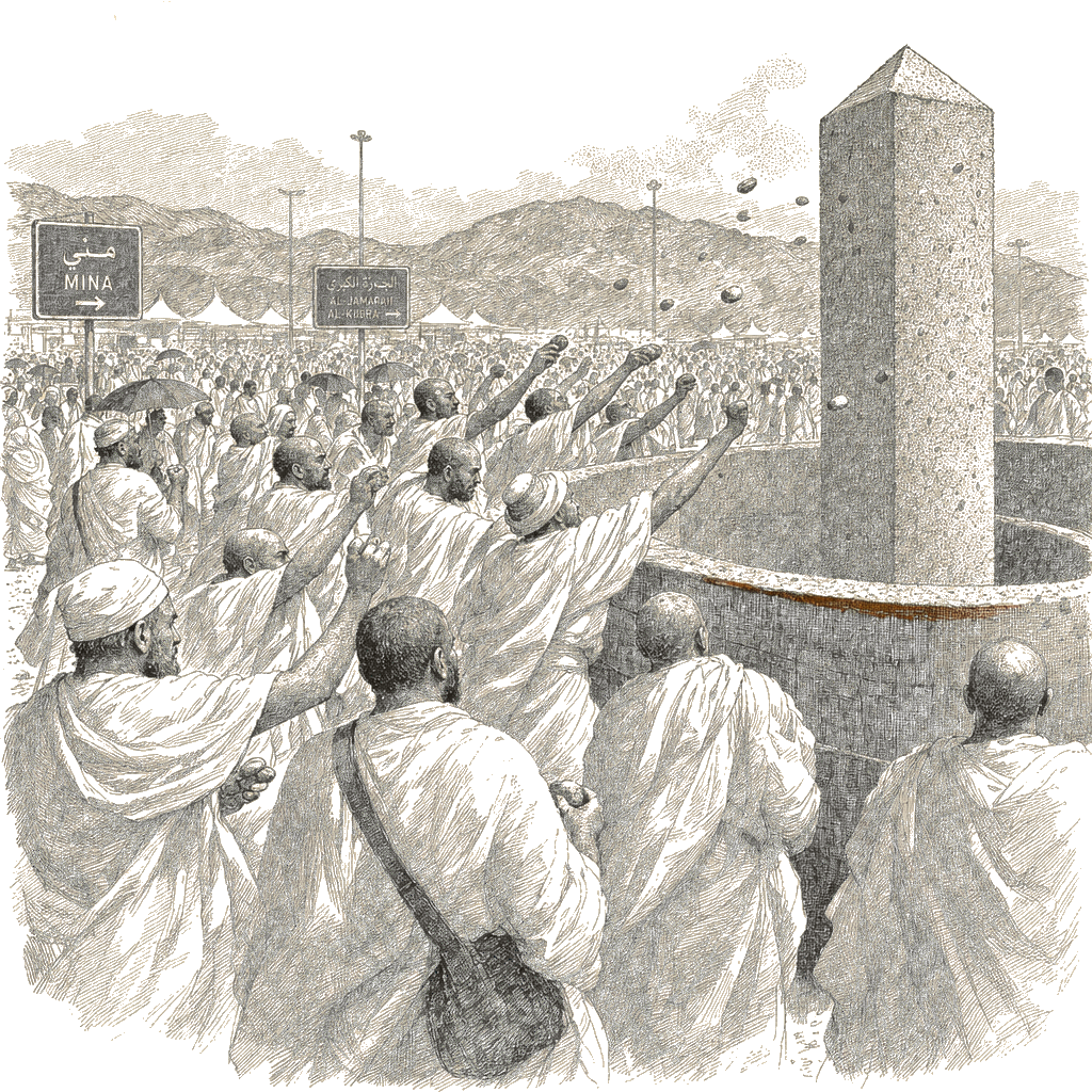 Illustration accompanying article: Hajj pilgrims stone the devil in soaring heat as Eid al-Adha begins