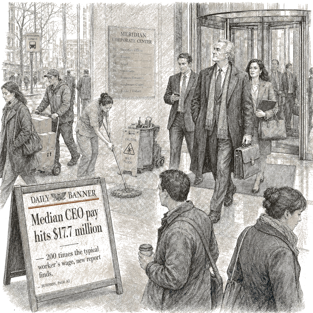 Illustration accompanying article: Median CEO pay hits $17.7 million, 200 times the typical worker's wage