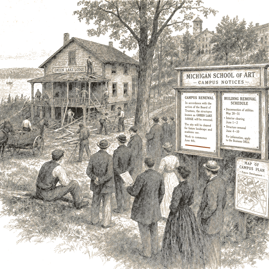 Illustration accompanying article: Michigan arts school to demolish lodge named for Jeffrey Epstein