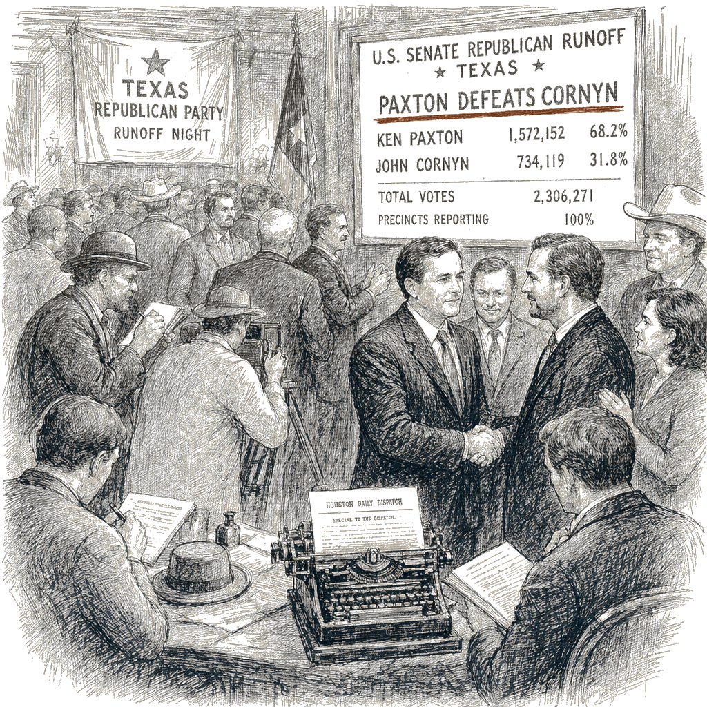 Illustration accompanying article: Paxton defeats Cornyn in Texas GOP Senate runoff after Trump endorses challenger