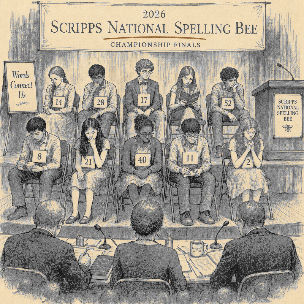 Illustration accompanying article: Spelling bee finalists split on mastery vs. memorization
