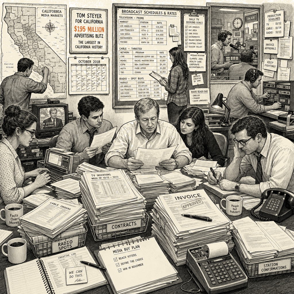 Illustration accompanying article: Tom Steyer sets national record with $195 million ad blitz in California