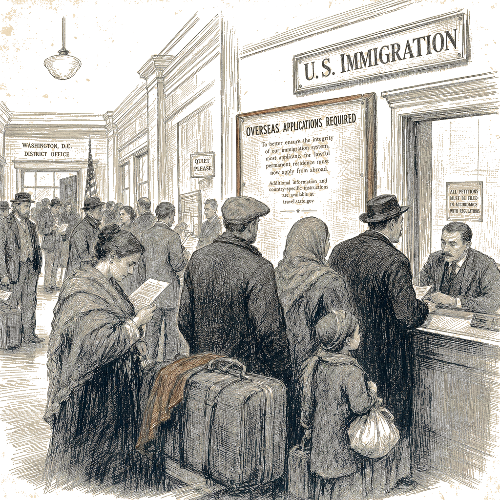 Illustration accompanying article: Trump administration revamps green‑card process, demanding overseas applications