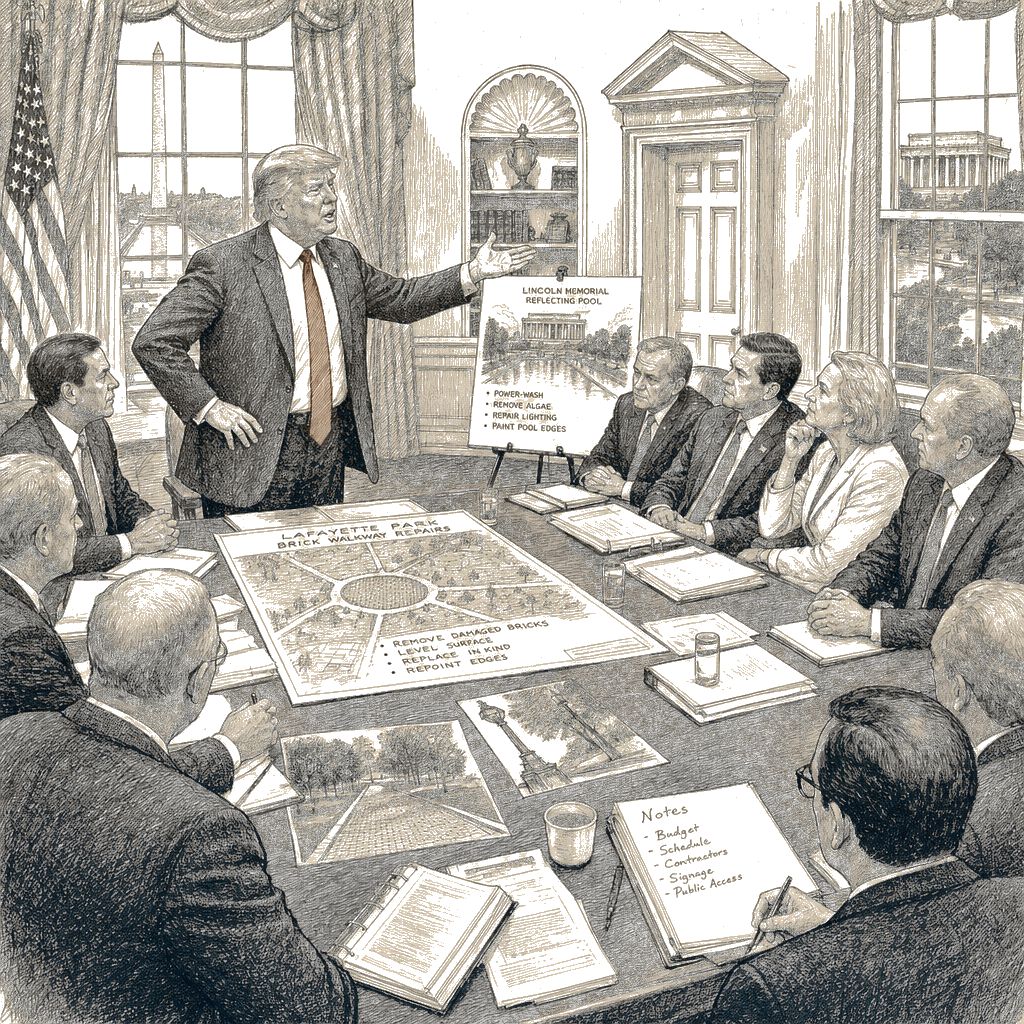Illustration accompanying article: Trump plays mayor at Cabinet meeting, detailing DC renovations