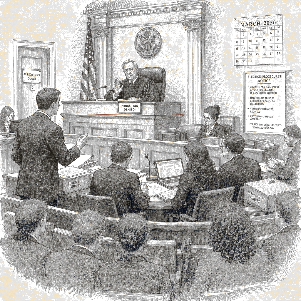 Illustration accompanying article: Federal judge refuses to block Trump executive order limiting mail voting