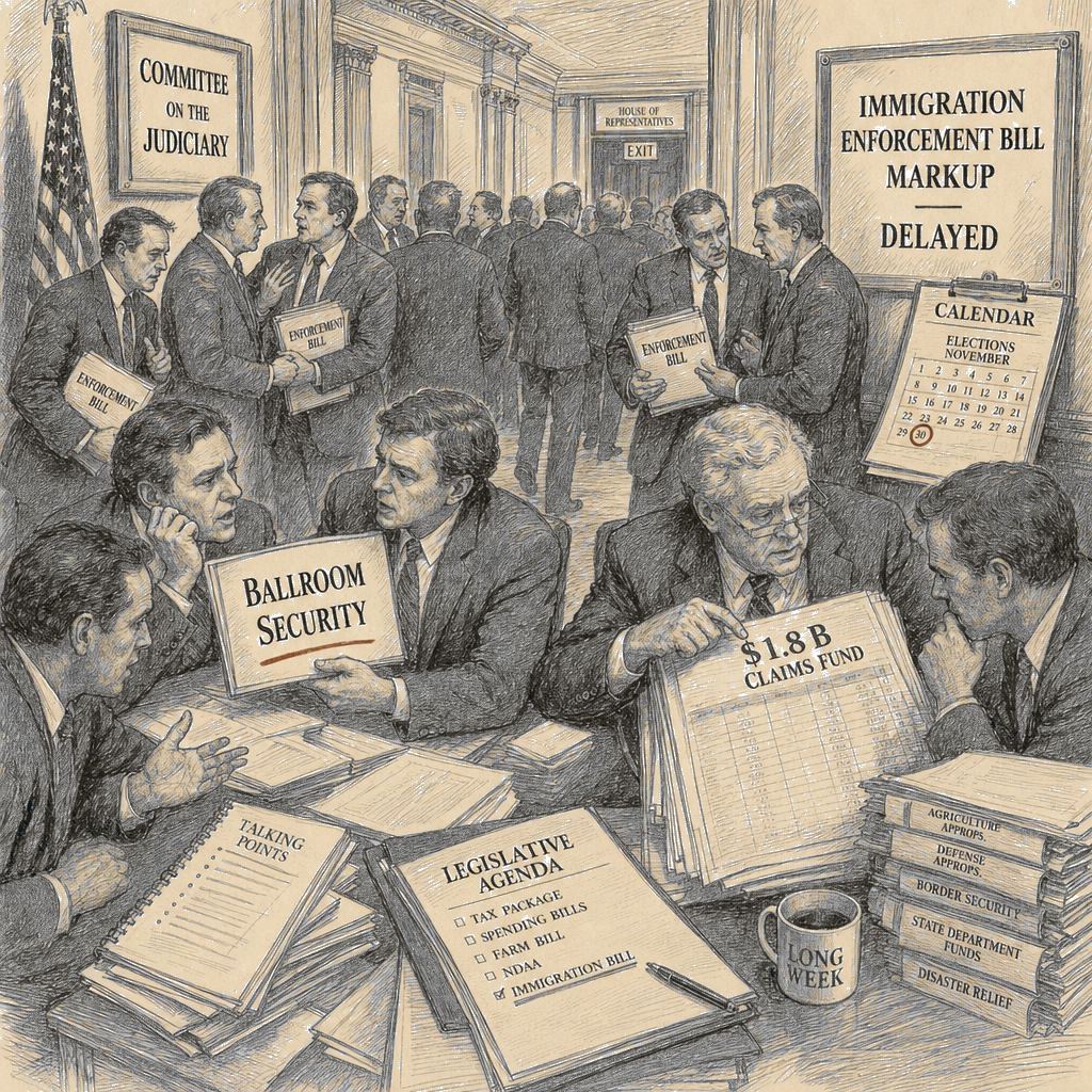 Illustration accompanying article: GOP immigration bill stalls as internal disputes spill into broader legislative agenda