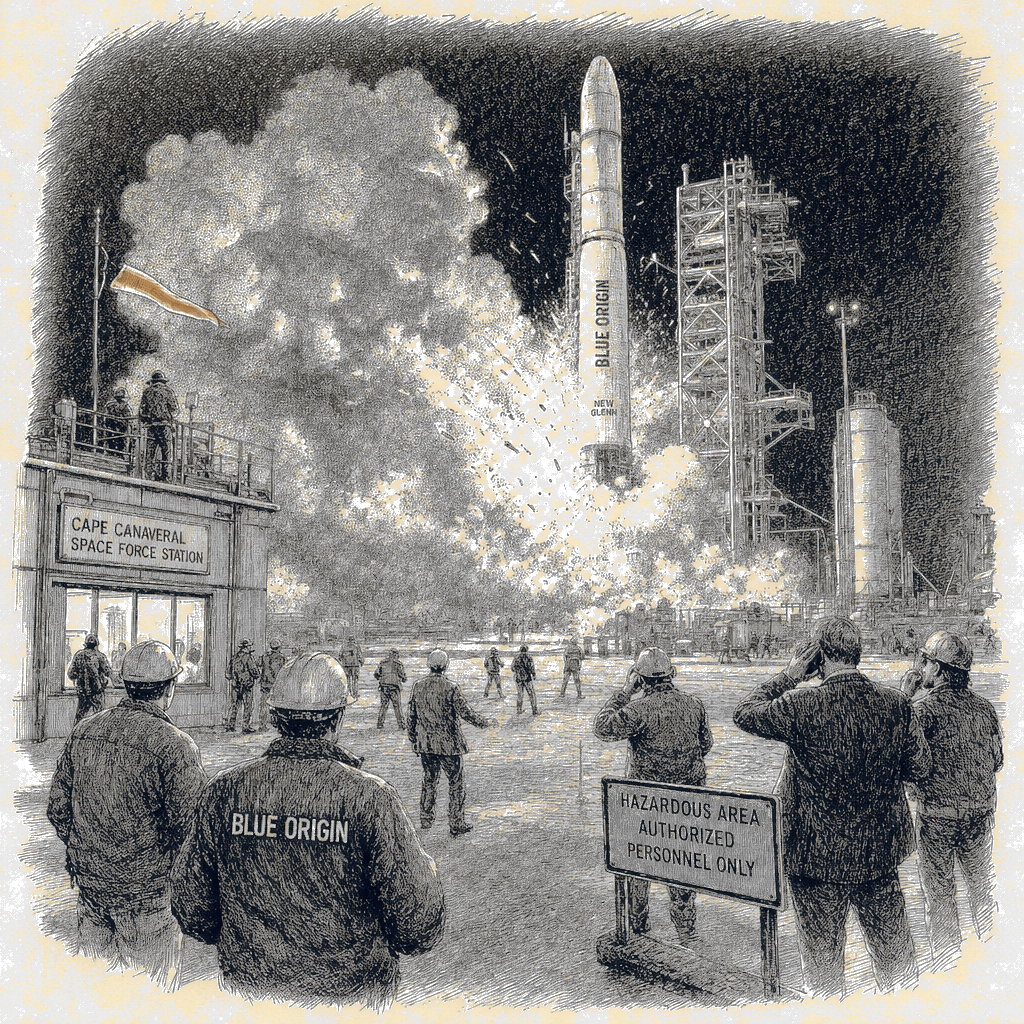 Illustration accompanying article: Blue Origin's New Glenn rocket explodes during launch pad test