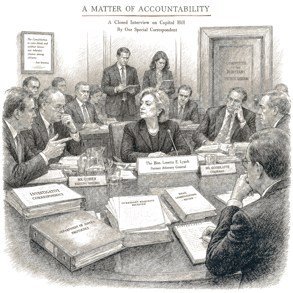 Illustration accompanying article: Bondi refuses to answer questions on Trump's Epstein files role in closed-door House…