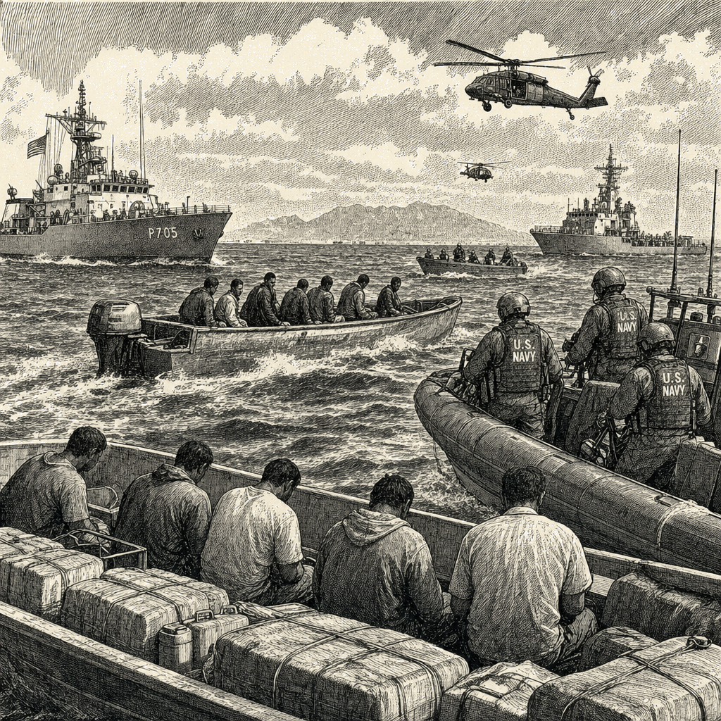 Illustration accompanying article: Death toll from US strikes on suspected drug boats in Caribbean and Pacific reaches 199