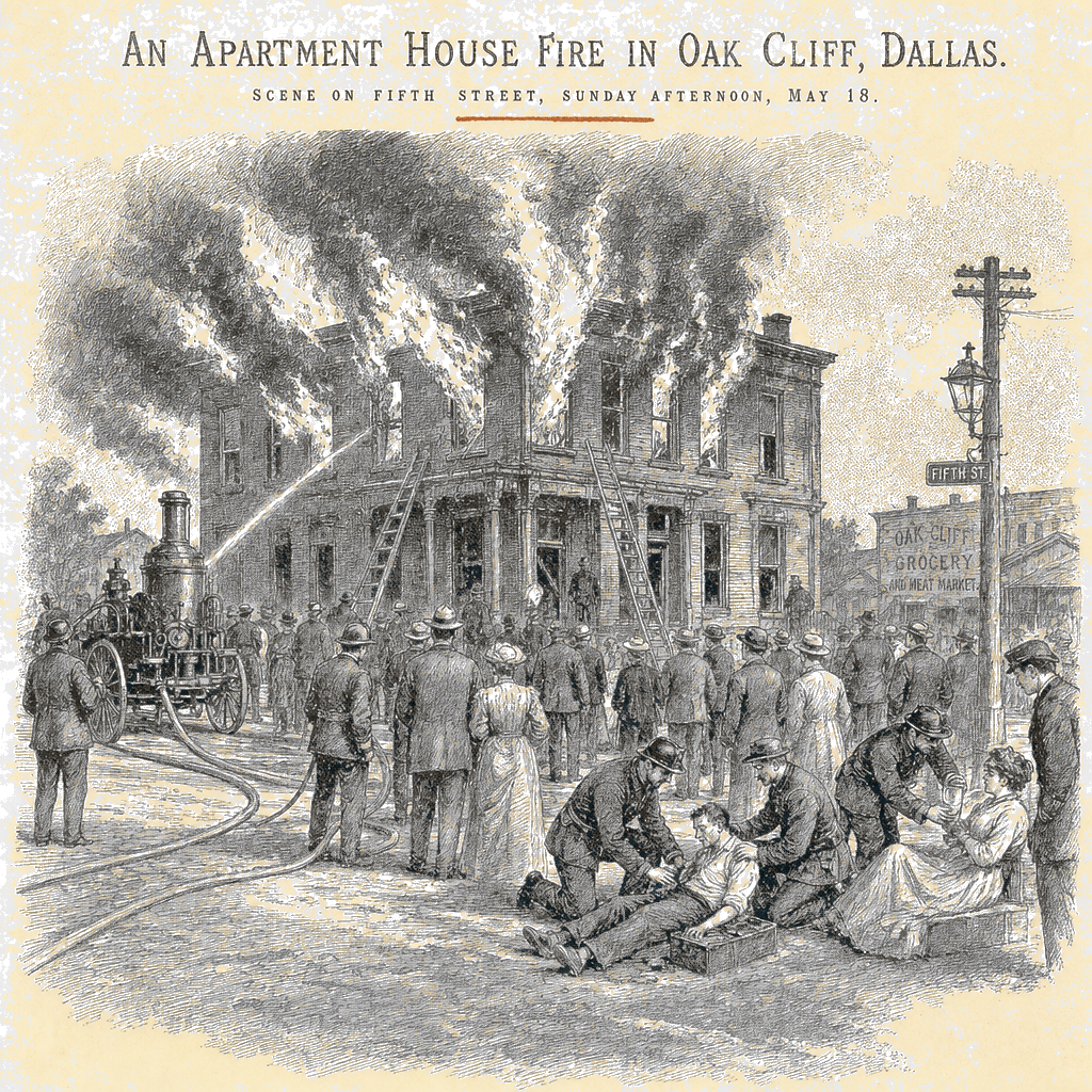 Illustration accompanying article: Explosion and fire at Dallas apartment building kills three, including a child