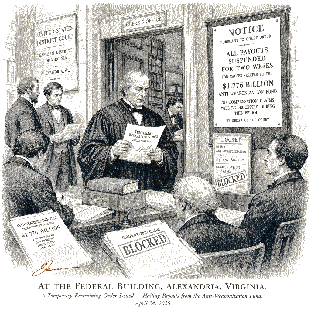 Illustration accompanying article: Federal judge temporarily blocks $1.776 billion Trump 'anti-weaponization' fund