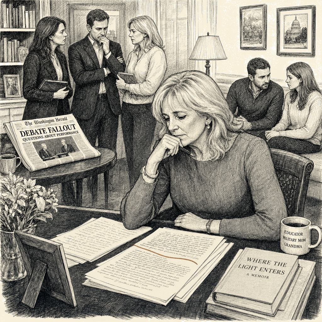 Illustration accompanying article: In Memoir, Jill Biden Questions Response to Joe Biden's Debate Performance
