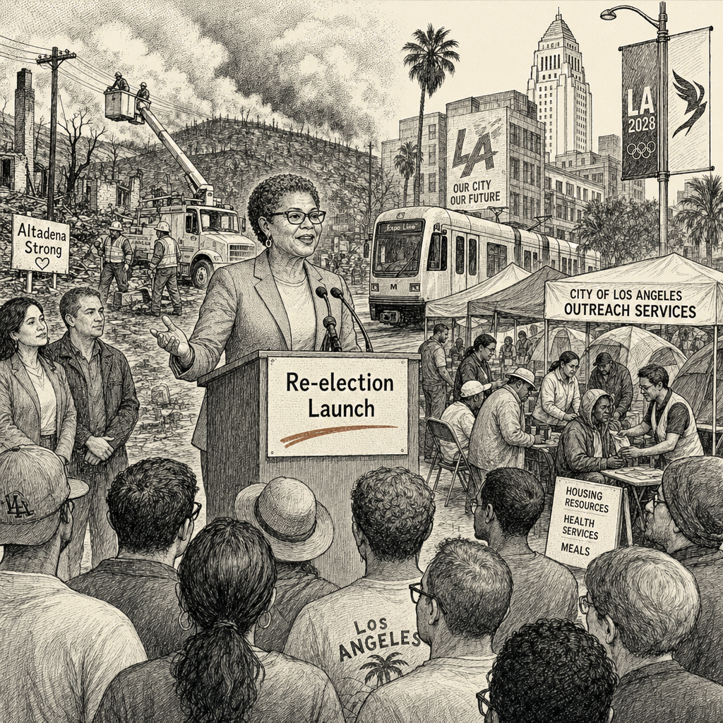 Illustration accompanying article: LA Mayor Karen Bass touts record in reelection bid after wildfires, homelessness peril