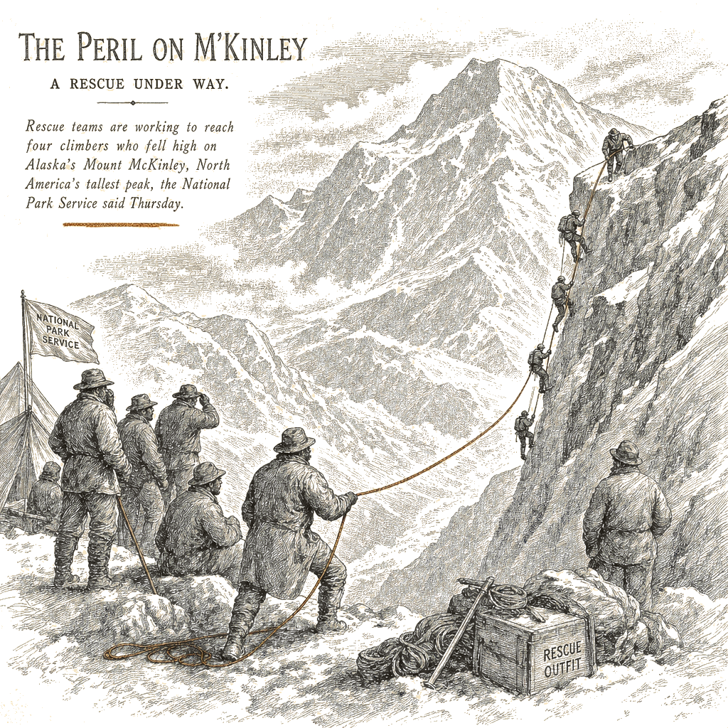 Illustration accompanying article: Rescue underway for 4 climbers who fell on Mount McKinley