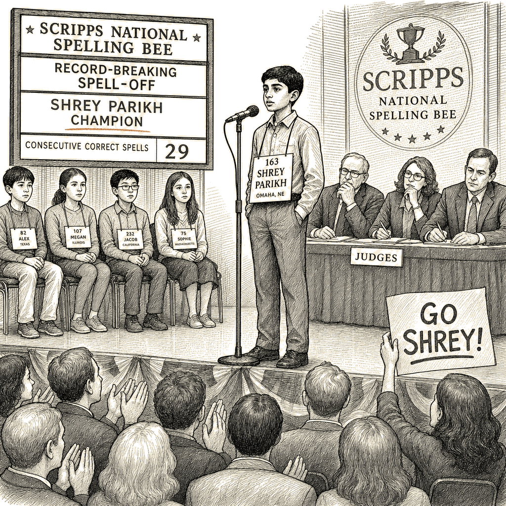 Illustration accompanying article: Shrey Parikh wins Scripps National Spelling Bee with record-breaking spell-off