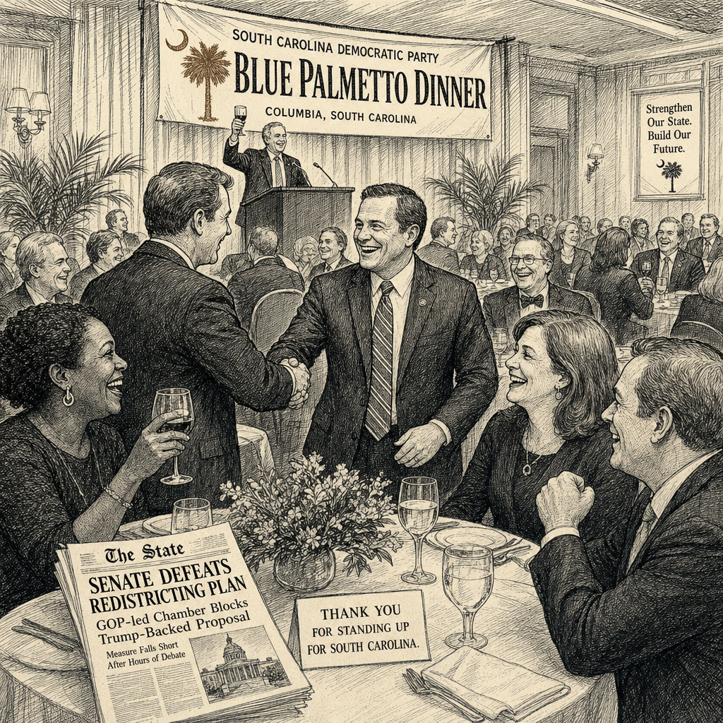 Illustration accompanying article: South Carolina Democrats celebrate after GOP state Senate kills Trump-backed…