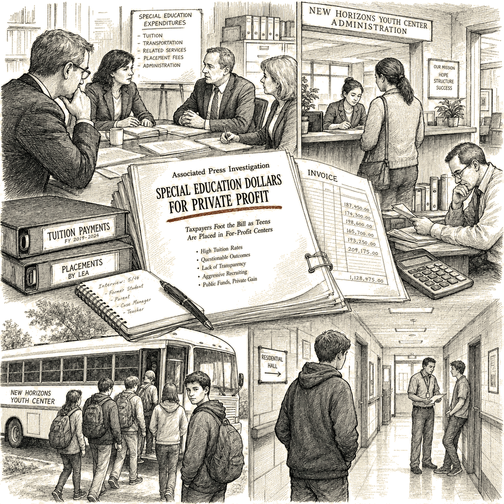 Illustration accompanying article: Special education dollars fund for-profit teen residential centers, AP finds