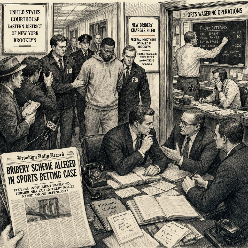 Illustration accompanying article: Terry Rozier faces new bribery charges in sports gambling sting