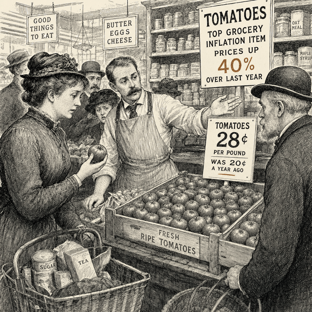 Illustration accompanying article: Tomato prices rise 40% over last year, topping grocery inflation list