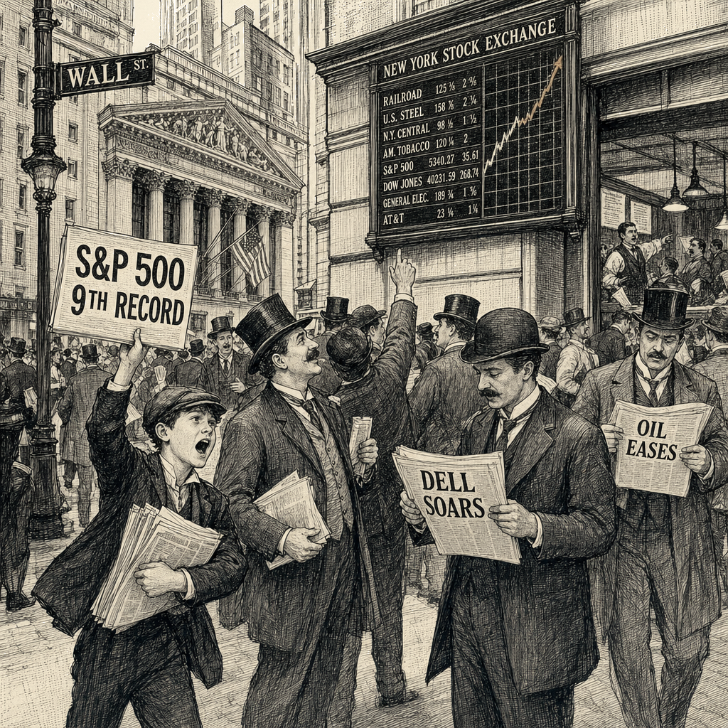 Illustration accompanying article: US stocks add to records as Dell soars and oil eases; S&P 500 notches 9th