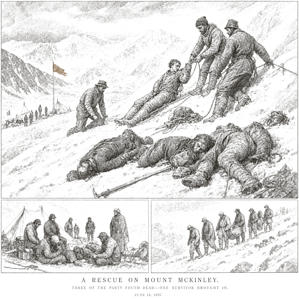 Illustration accompanying article: 3 climbers who fell on Mount McKinley are dead; 1 rescued