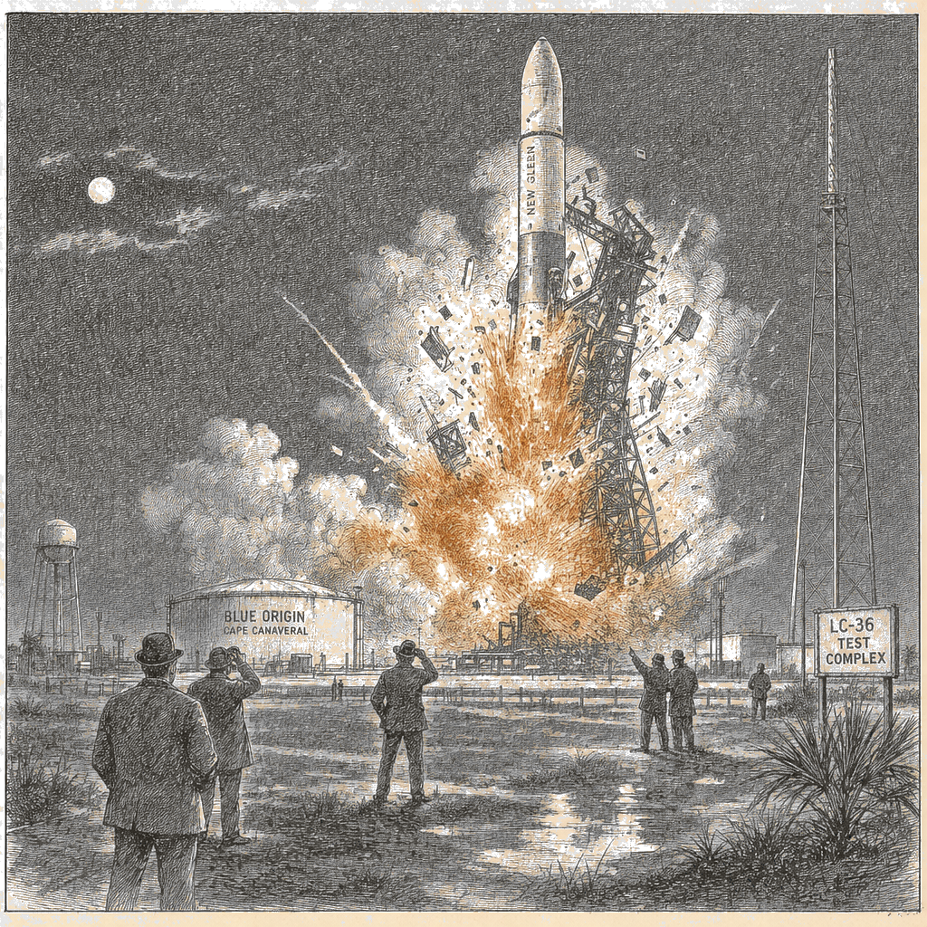 Illustration accompanying article: Blue Origin's New Glenn rocket explodes during test firing at Cape Canaveral