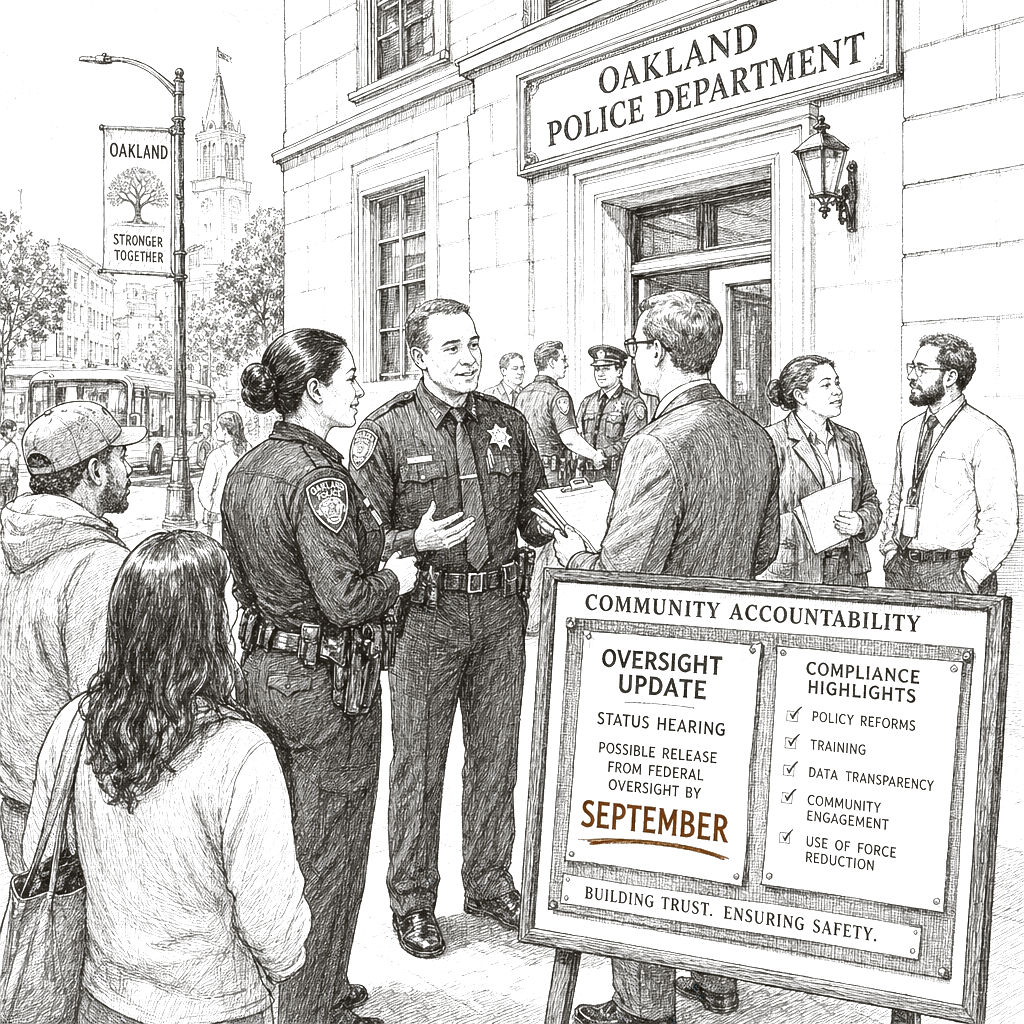 Illustration accompanying article: Oakland police on track to exit federal oversight by September