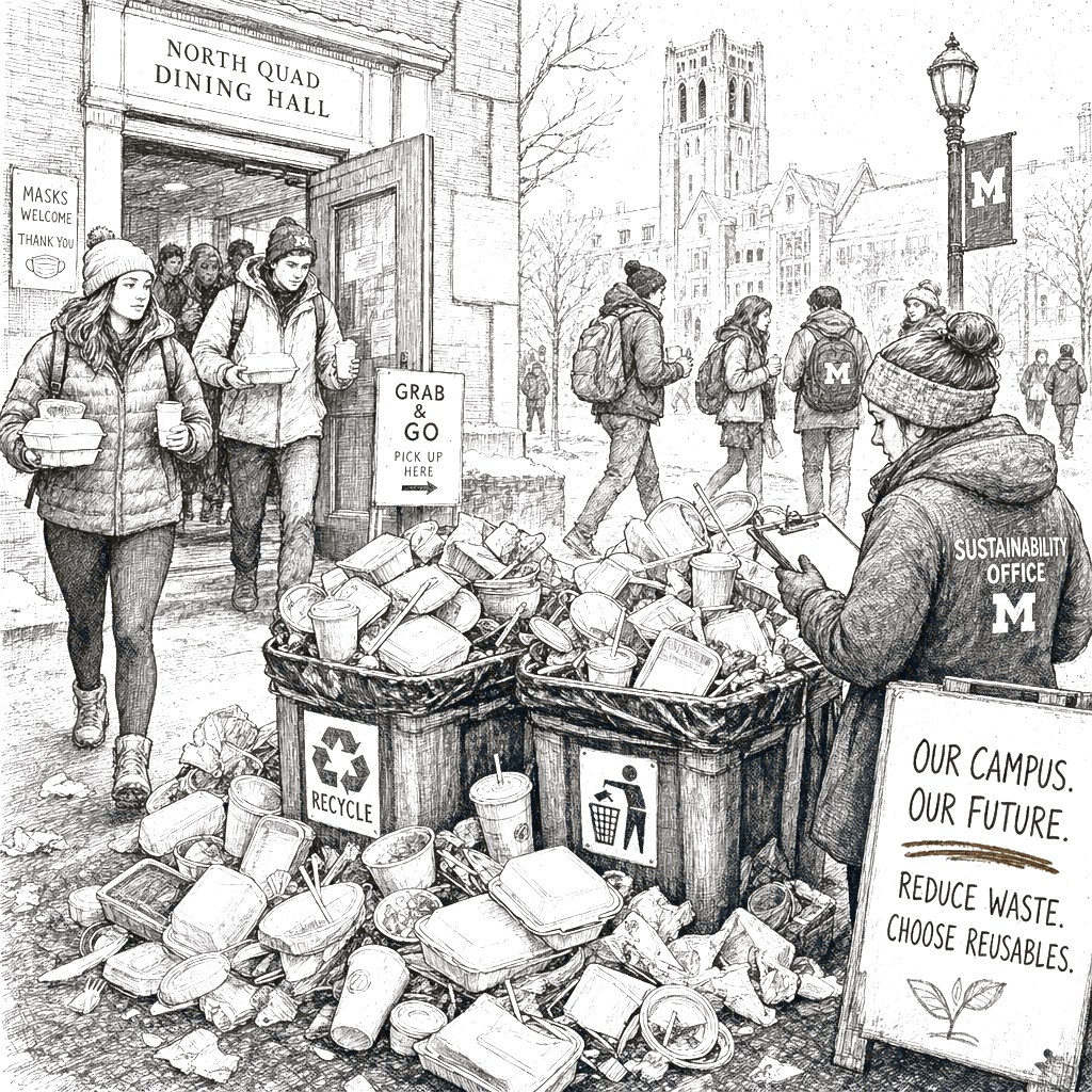 Illustration accompanying article: Takeout trash piles up at Michigan universities as pandemic habits endure