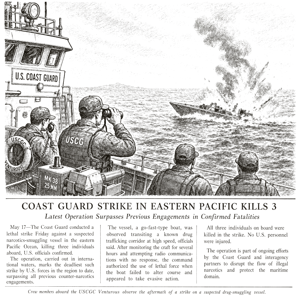 Illustration accompanying article: US military strike on alleged drug boat in eastern Pacific kills 3, surpassing