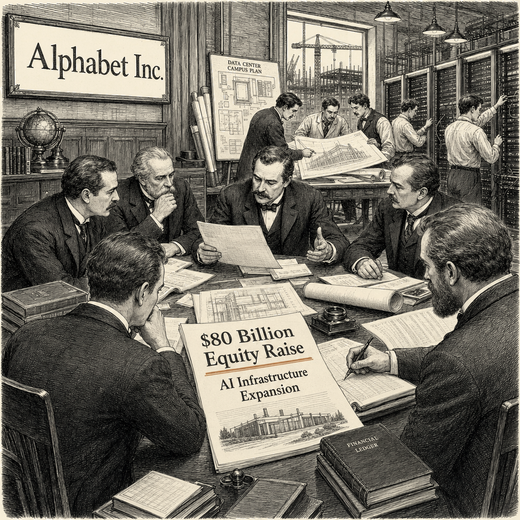 Illustration accompanying article: Alphabet plans $80 billion equity raise to fund AI infrastructure expansion