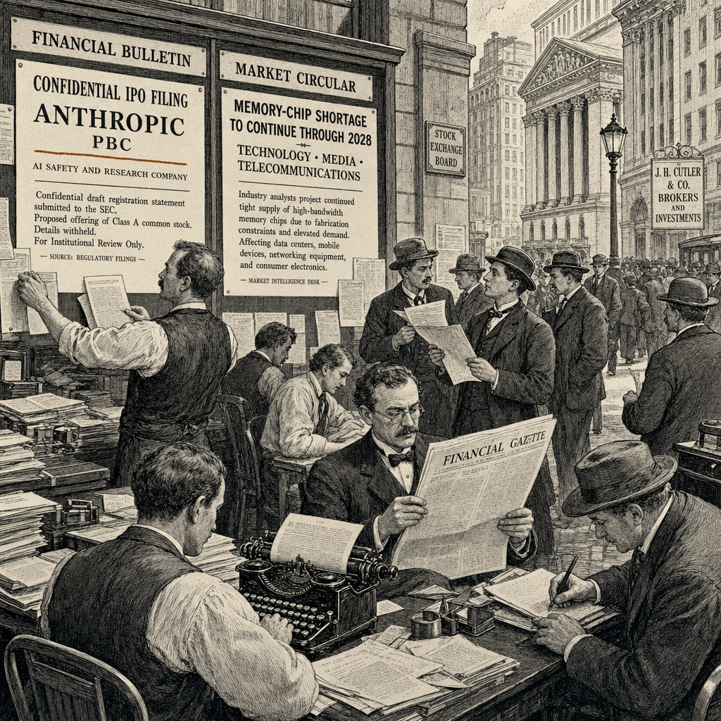 Illustration accompanying article: Anthropic files for IPO as AI memory crunch extends to 2028 in tech roundups