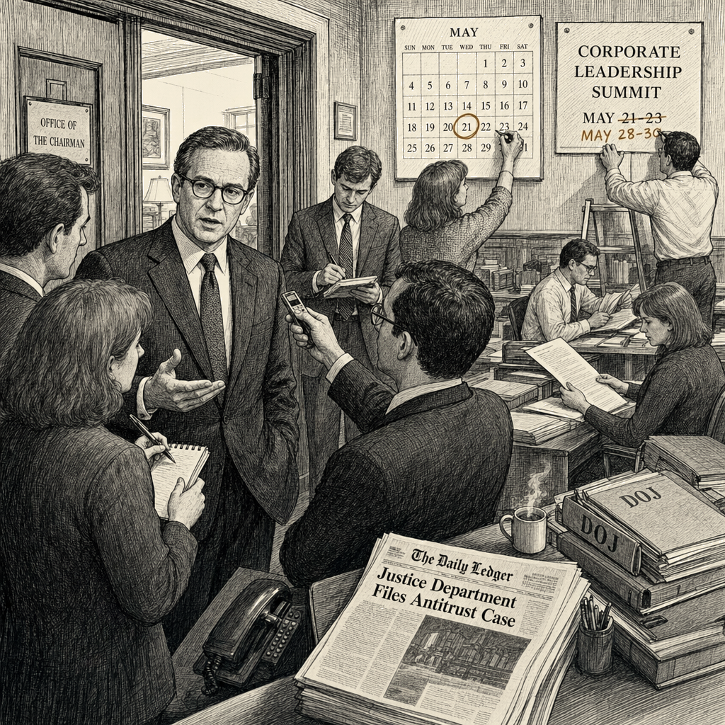 Illustration accompanying article: Bill Gates acknowledges Epstein meetings, misses Microsoft summit after DOJ files