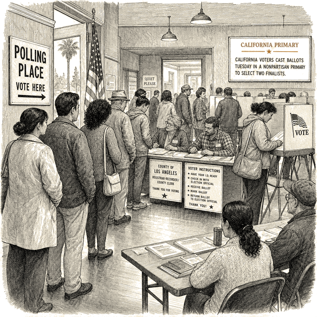 Illustration accompanying article: California voters head to polls in high-stakes governor primary