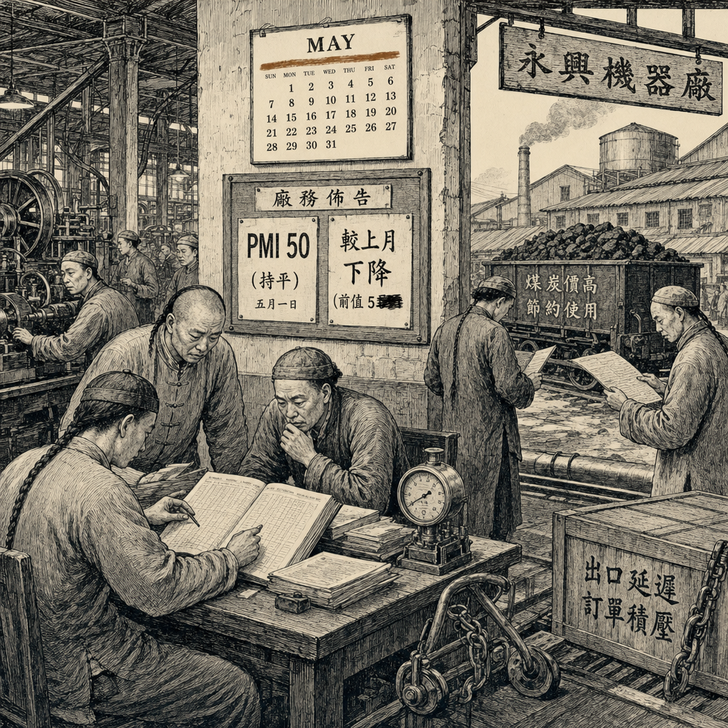 Illustration accompanying article: China's factory activity flattens in May amid global energy shock