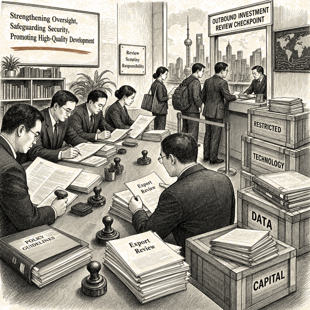 Illustration accompanying article: China tightens outbound investment rules amid U.S.-China tech rivalry
