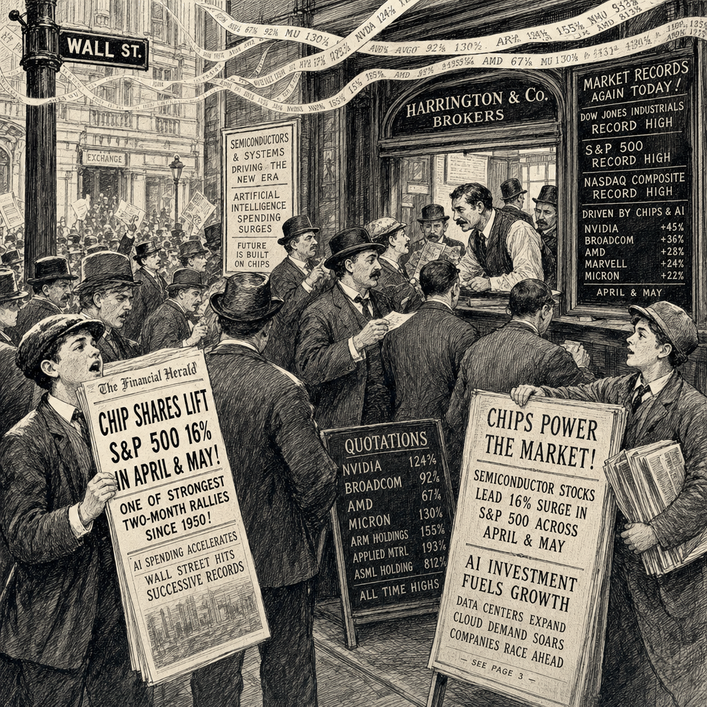Illustration accompanying article: Chip stocks power S&P 500 through historic two-month rally